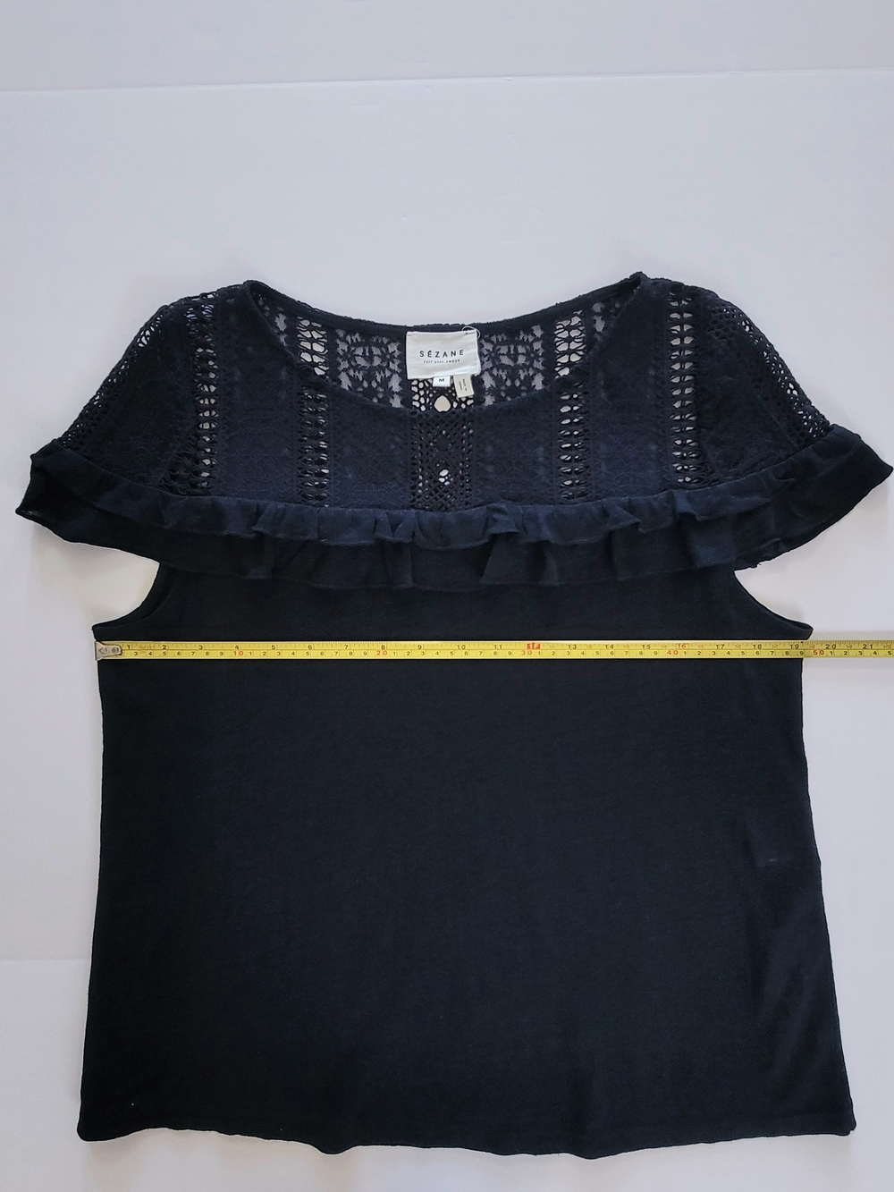 Sezane Lucette 100% Linen Lace and Ruffle T-shirt Top, Navy, Size M - Picture 6 of 9